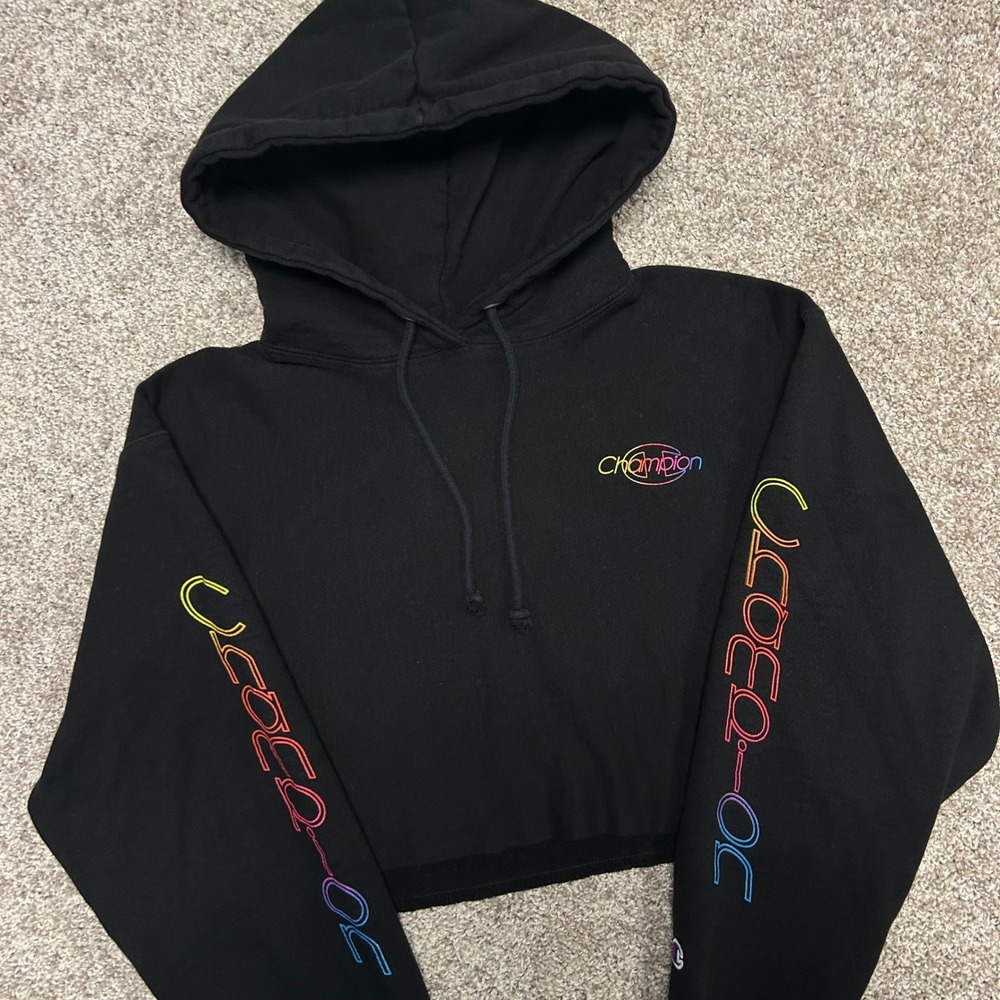 Champion Reverse Weave CROPPED Hoodie Sweatshirt Women Medium Sleeve Spellout